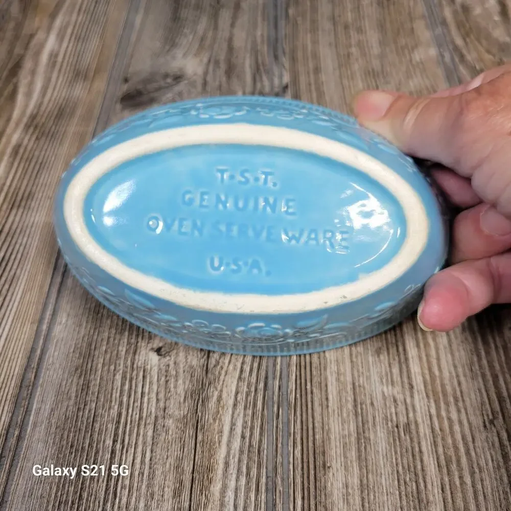 Vintage TST Turquoise Blue Oven Serve Oval Bowl & 2 Handled French Casseroles